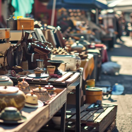 Flohmarkt - Bild eines Standes, der alte Schüssel verkauft