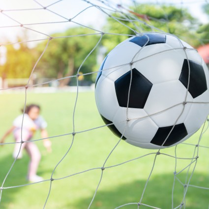 soccer ball goal with net girl kicks soccer ball soccer field v2