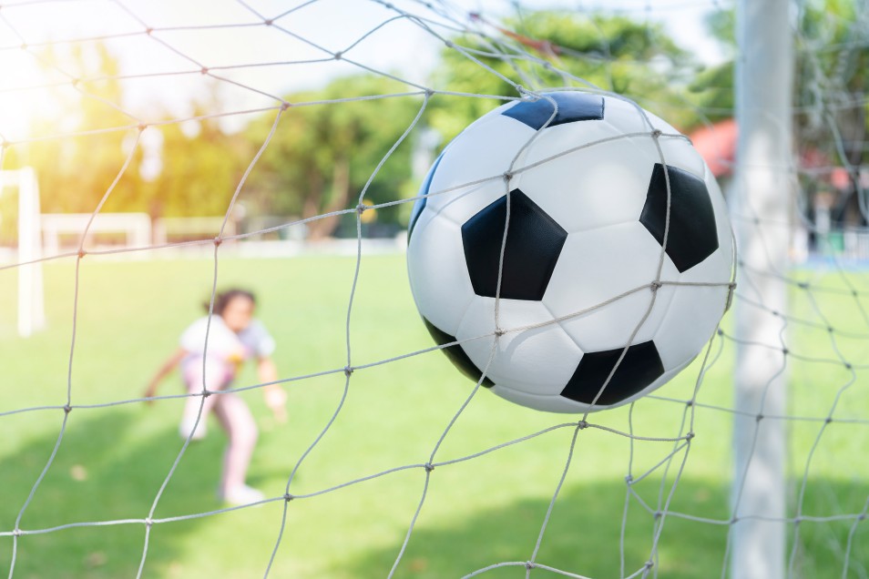 Web soccer ball goal with net girl kicks soccer ball soccer field